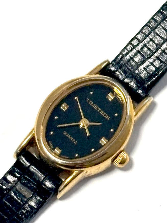Elegant Black Genuine Leather and Gold Watch