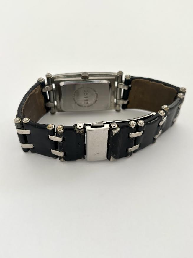 Black leather and Silver Chunky Watch