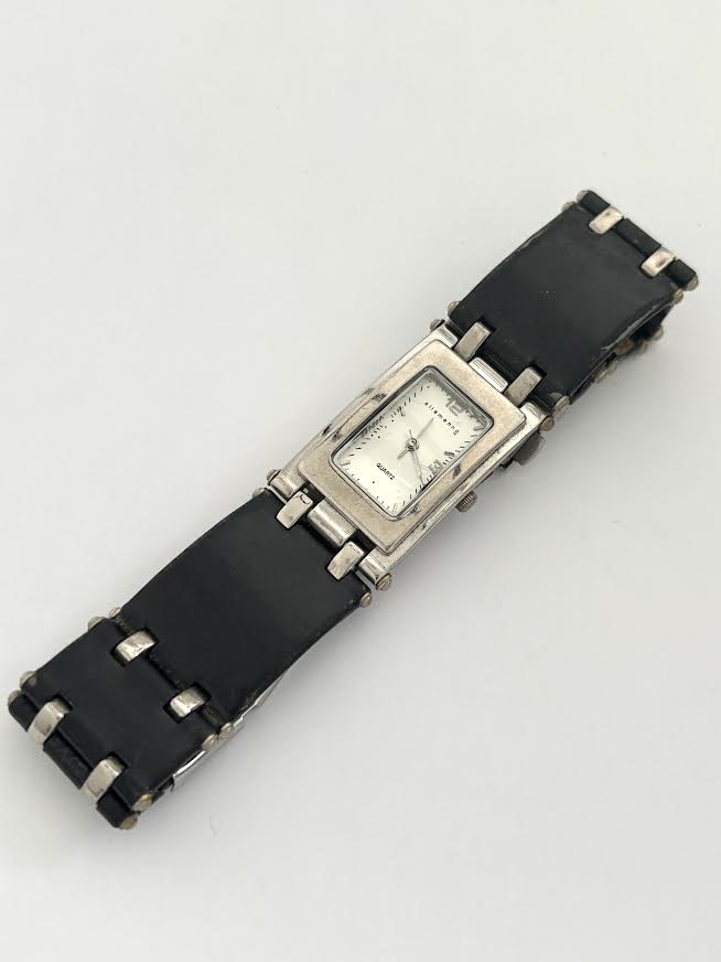 Black leather and Silver Chunky Watch