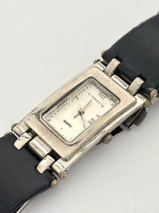 Black leather and Silver Chunky Watch