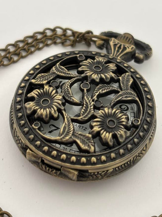 Floral Bronze Pocket Watch Necklace