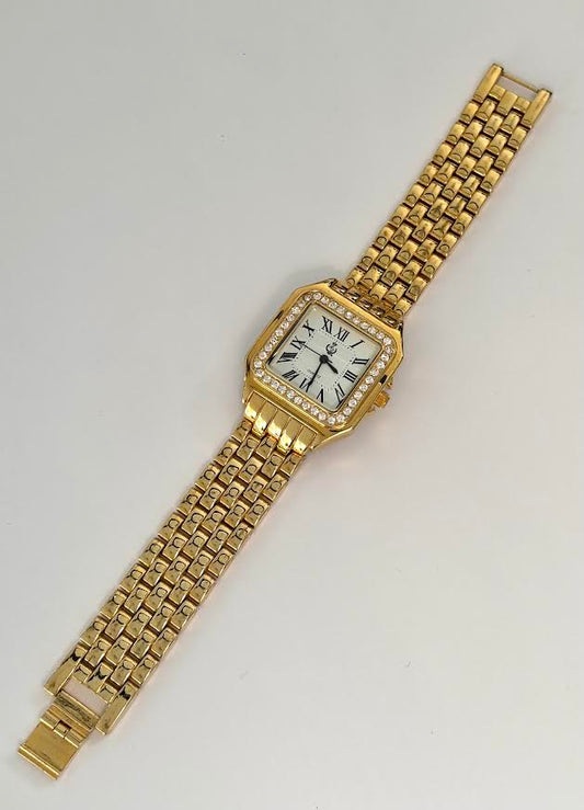 Square Gold and Rhinestone Tank Watch