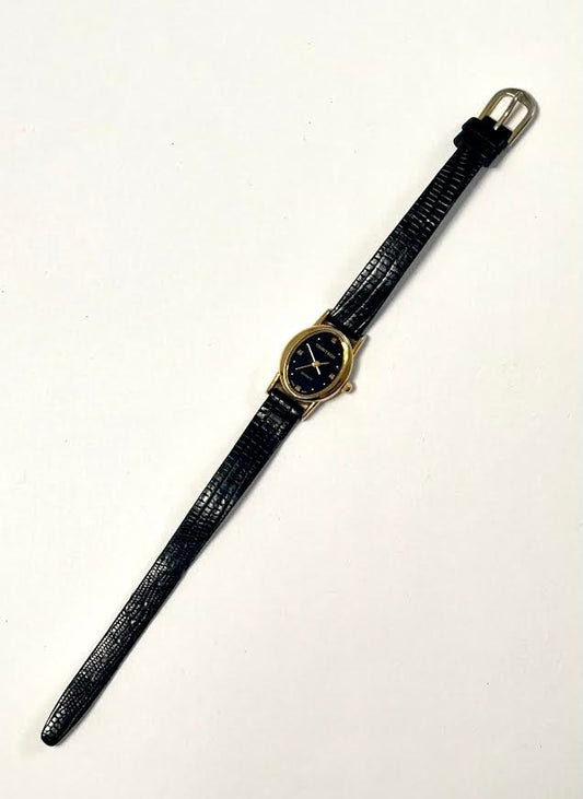 Elegant Black Genuine Leather and Gold Watch