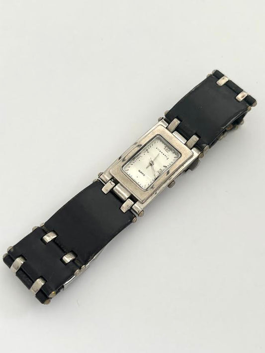 Black leather and Silver Chunky Watch
